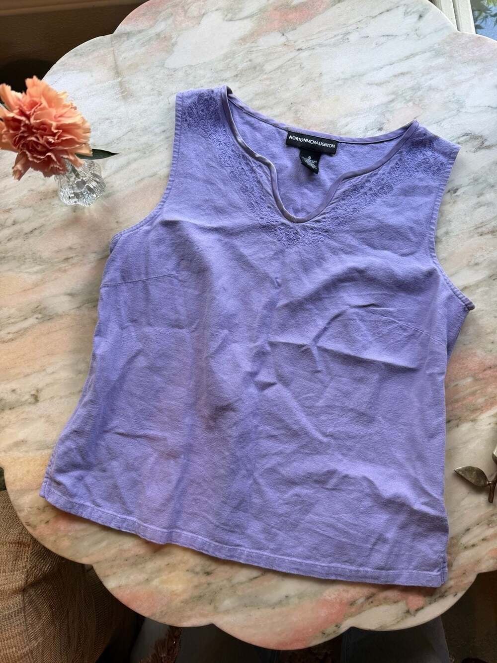 Norton McNaughton Women's Purple Linen Blend Sleeveless V-Neck Tank Top with Flo